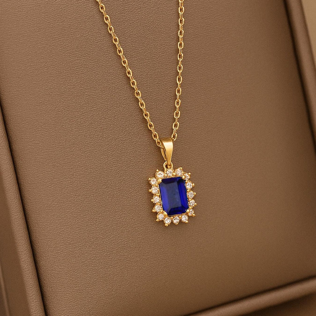 14K Gold Sapphire Surrounded By Lab grown Diamond Necklace
