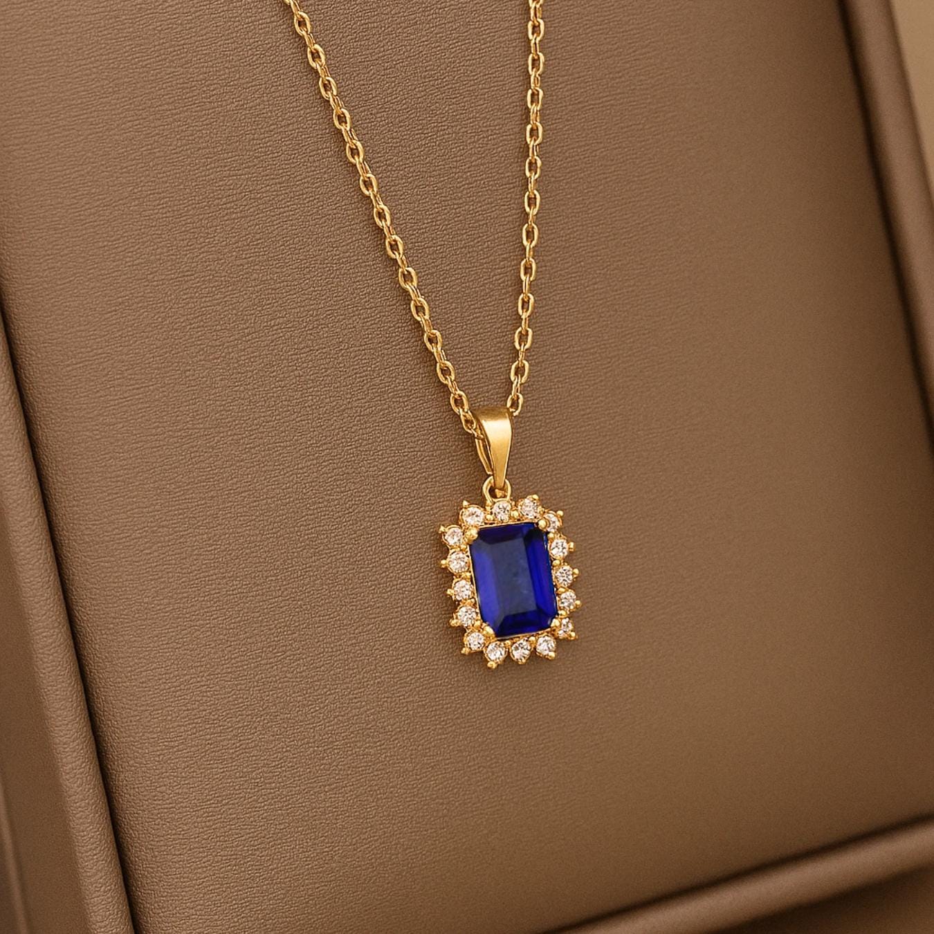 14K Gold Sapphire Surrounded By Lab grown Diamond Necklace