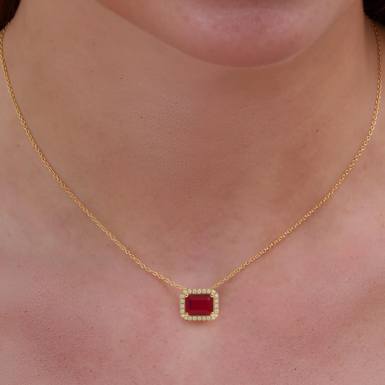 14K Gold Diamond and Ruby Necklace | Emerald Cut Ruby and Lab Grown Diamonds