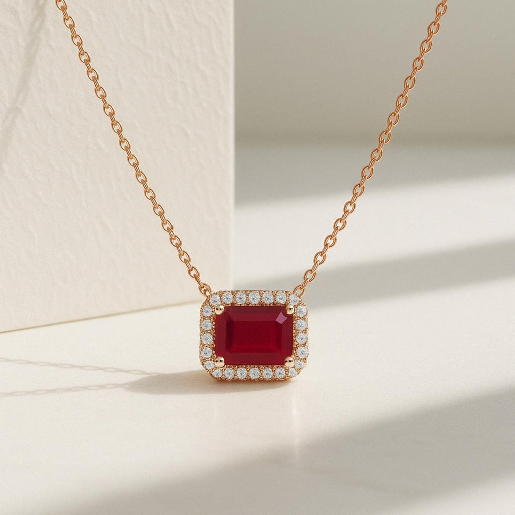 14K Gold Diamond and Ruby Necklace | Emerald Cut Ruby and Lab Grown Diamonds