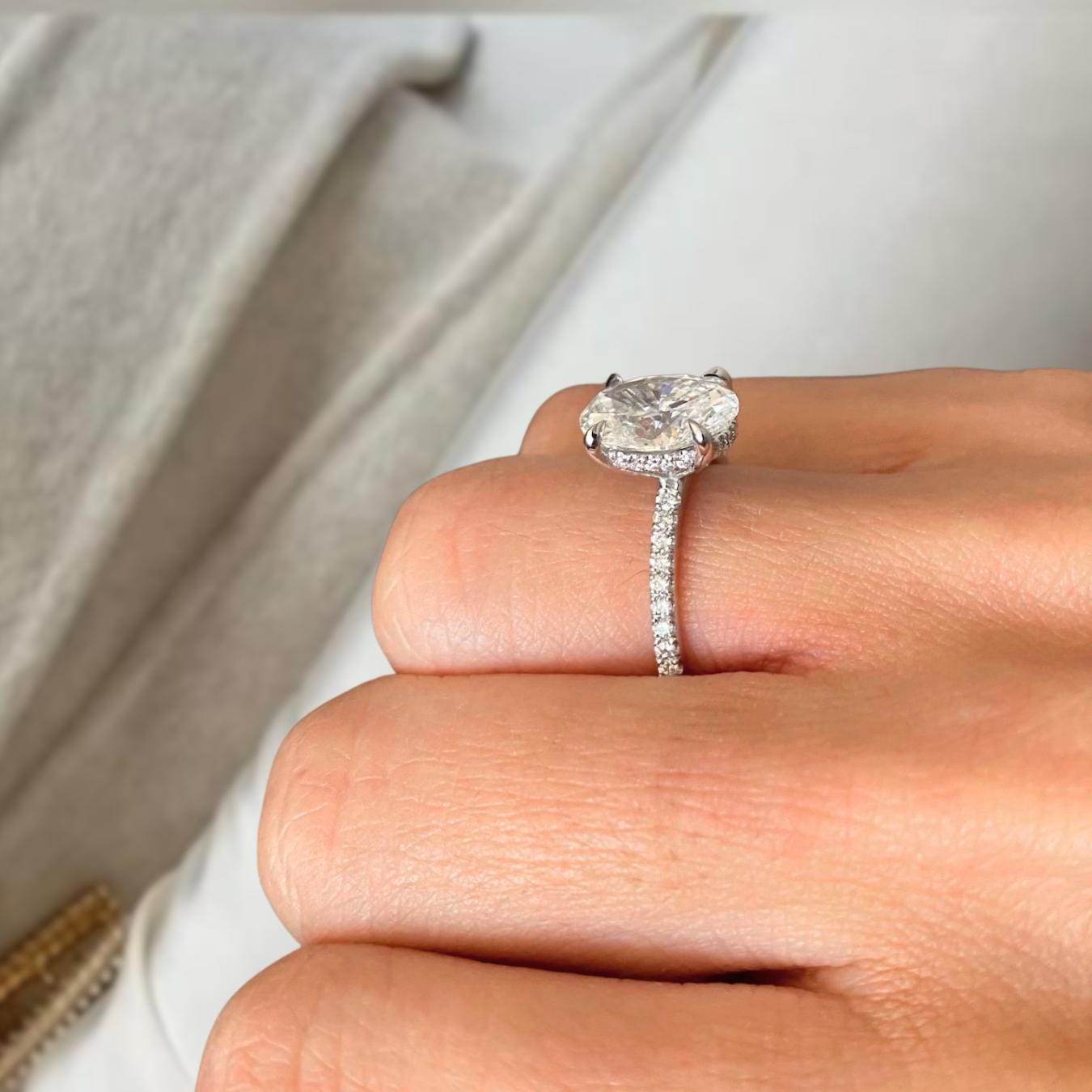 14K Gold Oval Lab Grown Diamond Ring With Halo Engagement Ring For Her