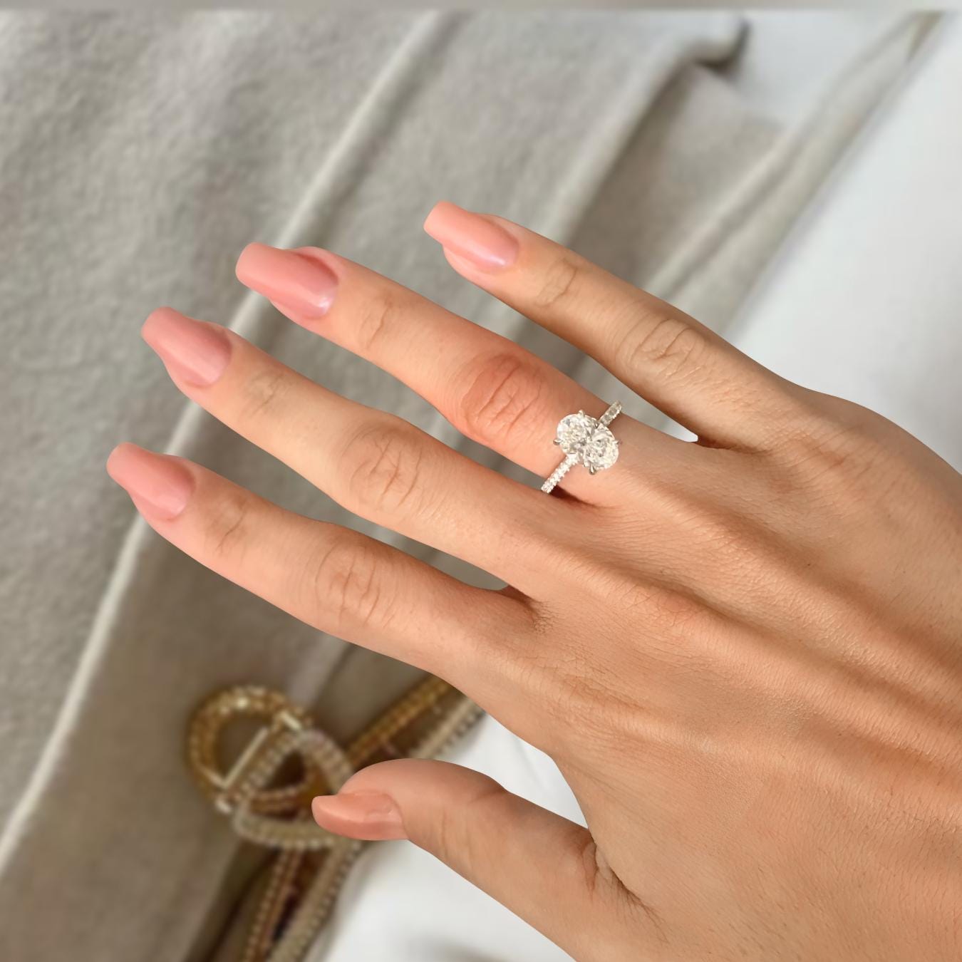 14K Gold Oval Lab Grown Diamond Ring With Halo Engagement Ring For Her