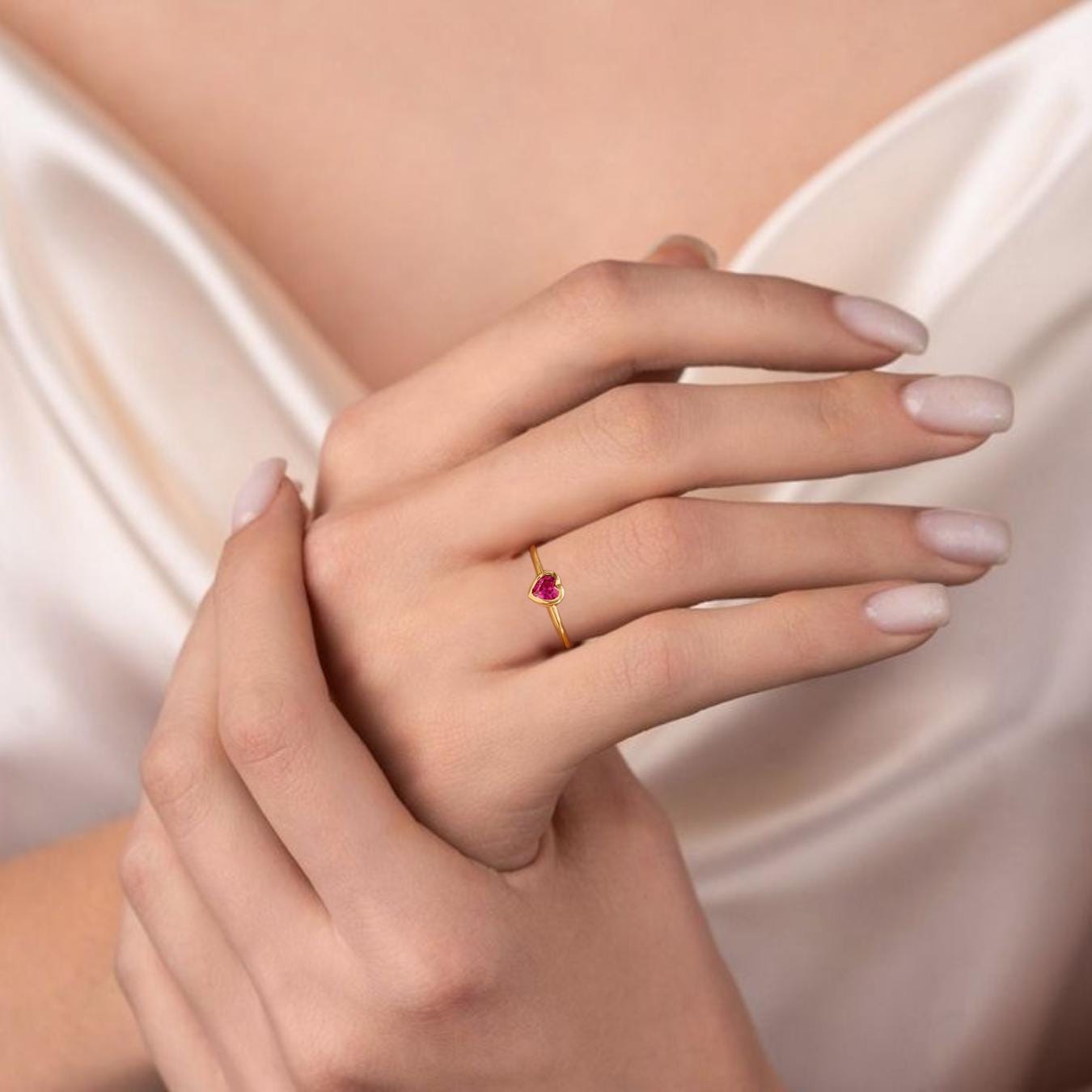 Heart Shaped Ruby Ring, 14K Solid Gold Bezel Gemstone Heart Ring for Ladies, July Birthstone Birthday