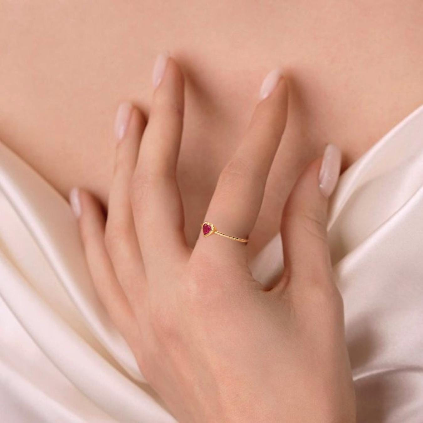 Heart Shaped Ruby Ring, 14K Solid Gold Bezel Gemstone Heart Ring for Ladies, July Birthstone Birthday