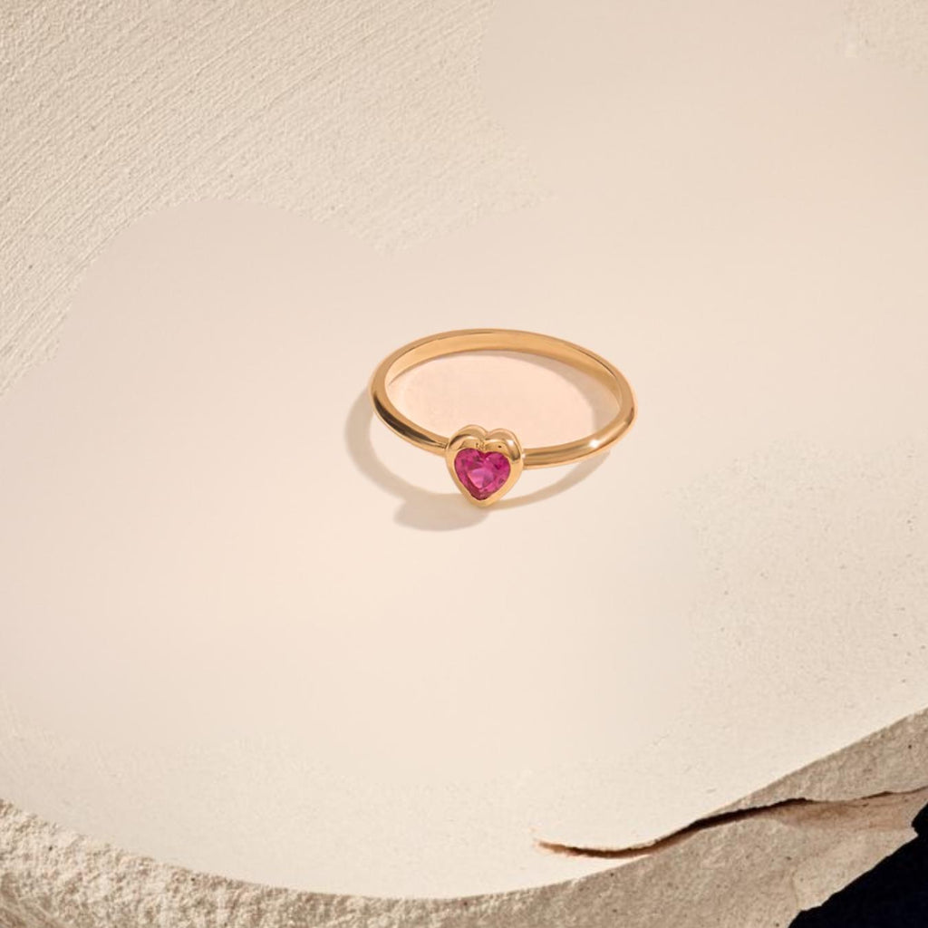 Heart Shaped Ruby Ring, 14K Solid Gold Bezel Gemstone Heart Ring for Ladies, July Birthstone Birthday