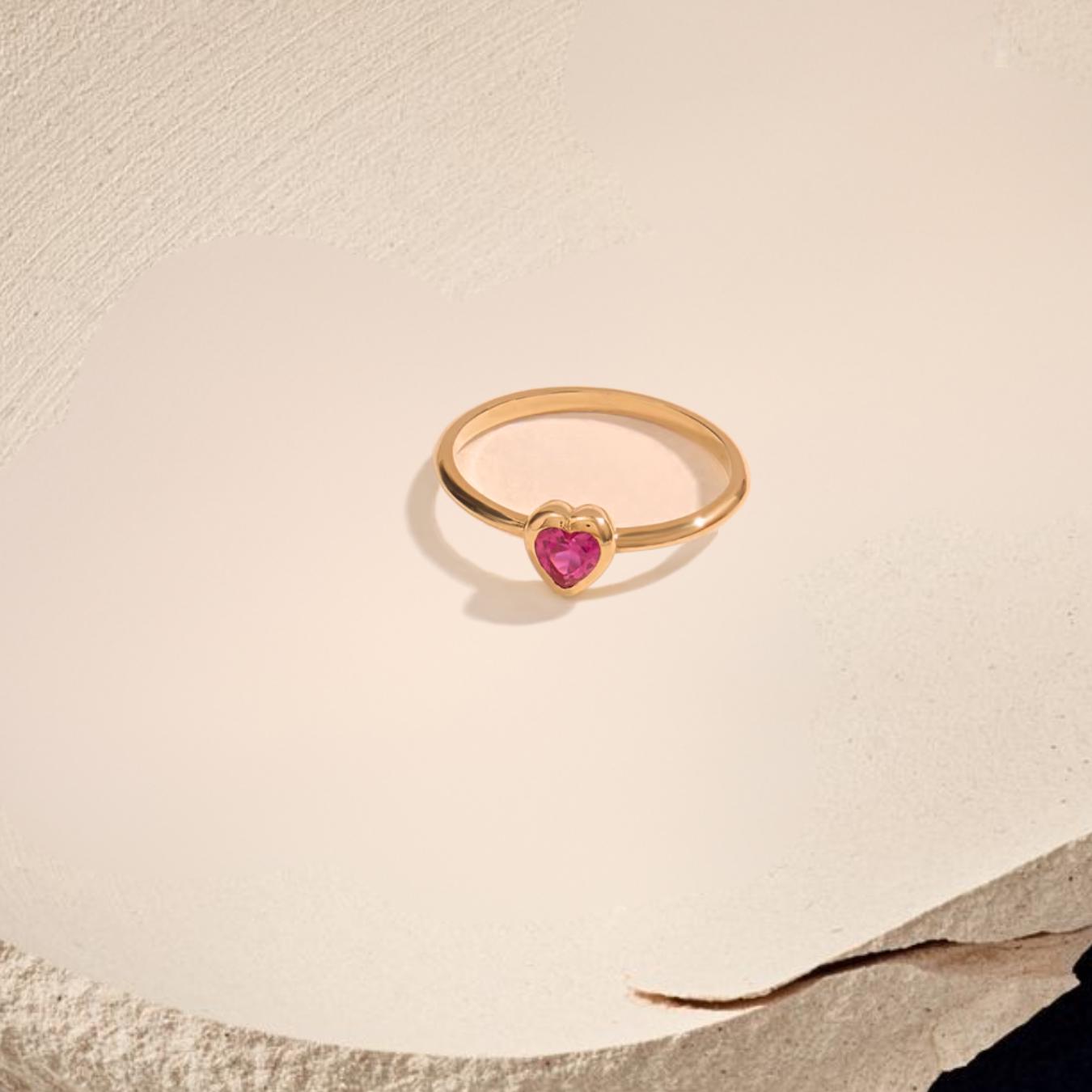 Heart Shaped Ruby Ring, 14K Solid Gold Bezel Gemstone Heart Ring for Ladies, July Birthstone Birthday