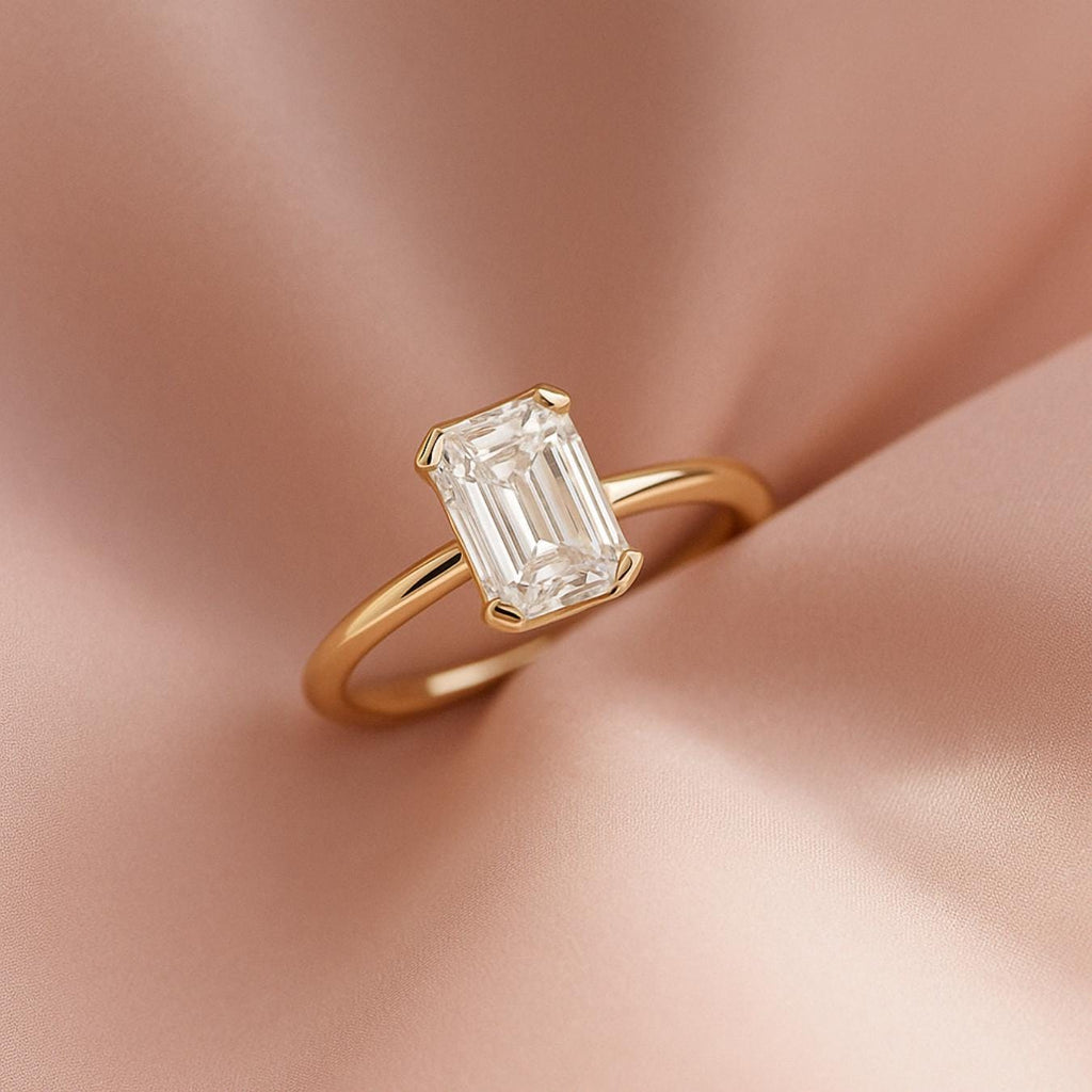 3 Carat Emerald Cut Lab Grown Diamond Engagement Ring | 14K Gold Half Bezel | IGI Certified