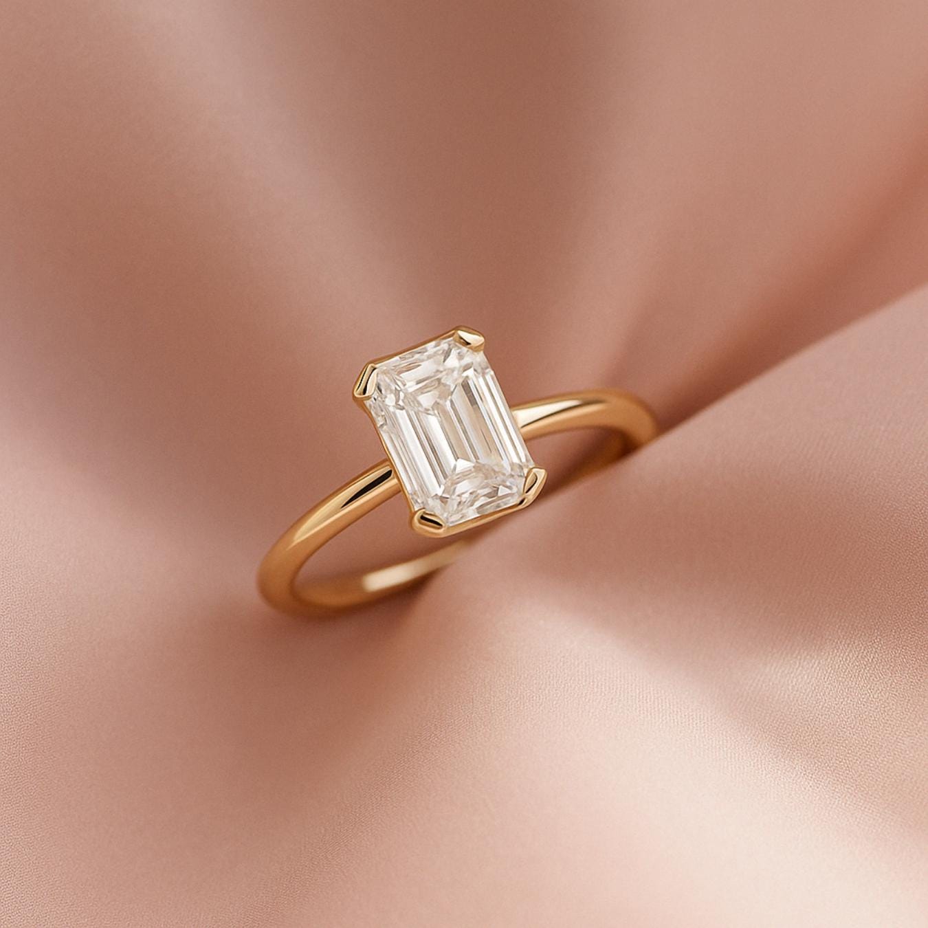3 Carat Emerald Cut Lab Grown Diamond Engagement Ring | 14K Gold Half Bezel | IGI Certified