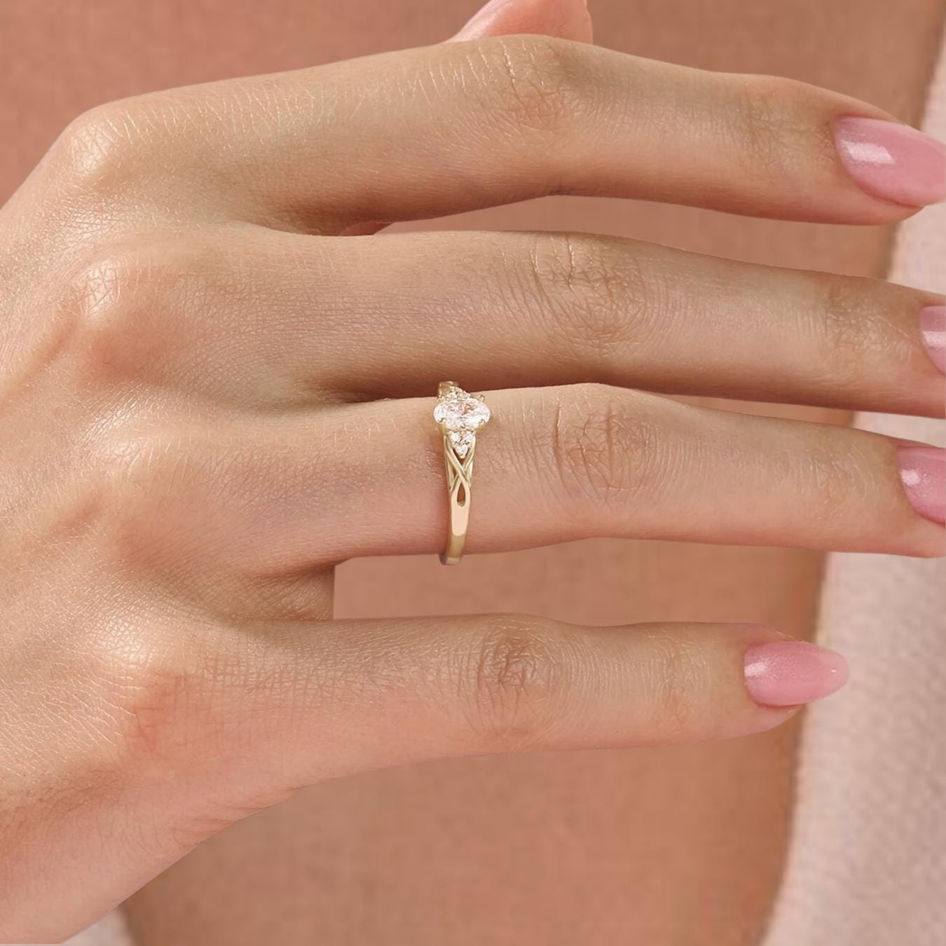 14K Gold Braided Band Lab Grown Diamond Engagement Ring, Vintage Inspired Oval Solitaire Ring
