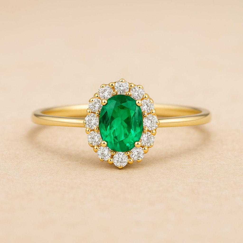 14K Classic Oval Cut Emerald Ring with Surrounding Lab Grown Diamond