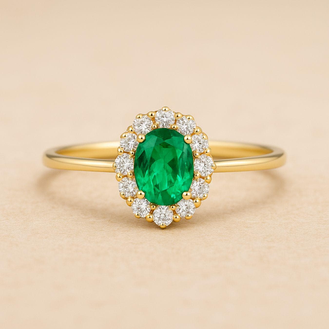 14K Classic Oval Cut Emerald Ring with Surrounding Lab Grown Diamond