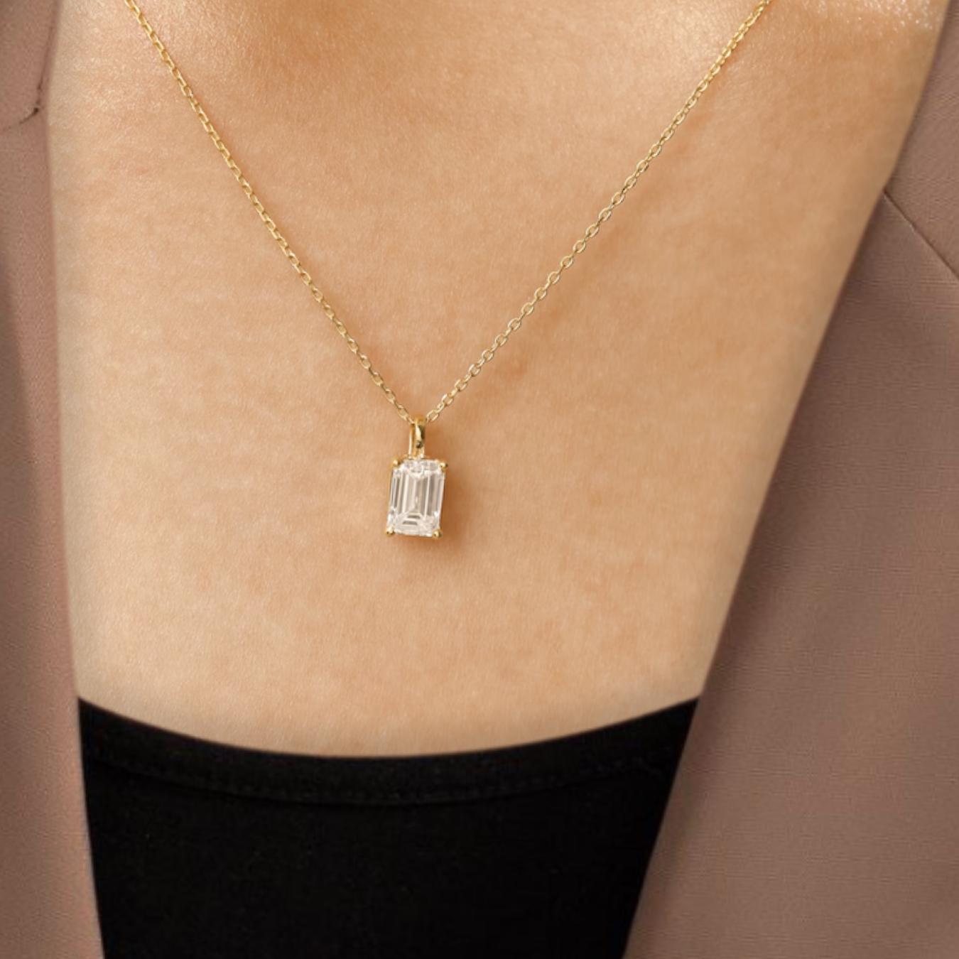 Emerald Shape Lab Grown Diamond 14K Gold Pendant For Women