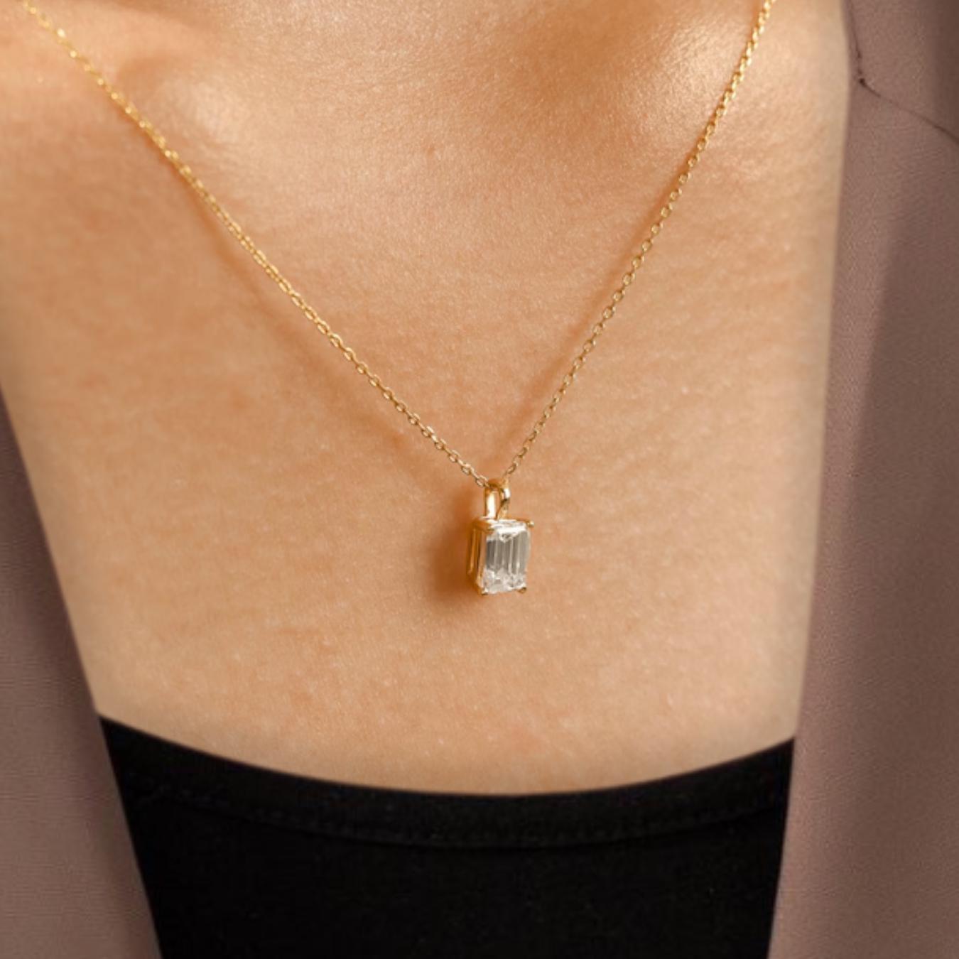Emerald Shape Lab Grown Diamond 14K Gold Pendant For Women