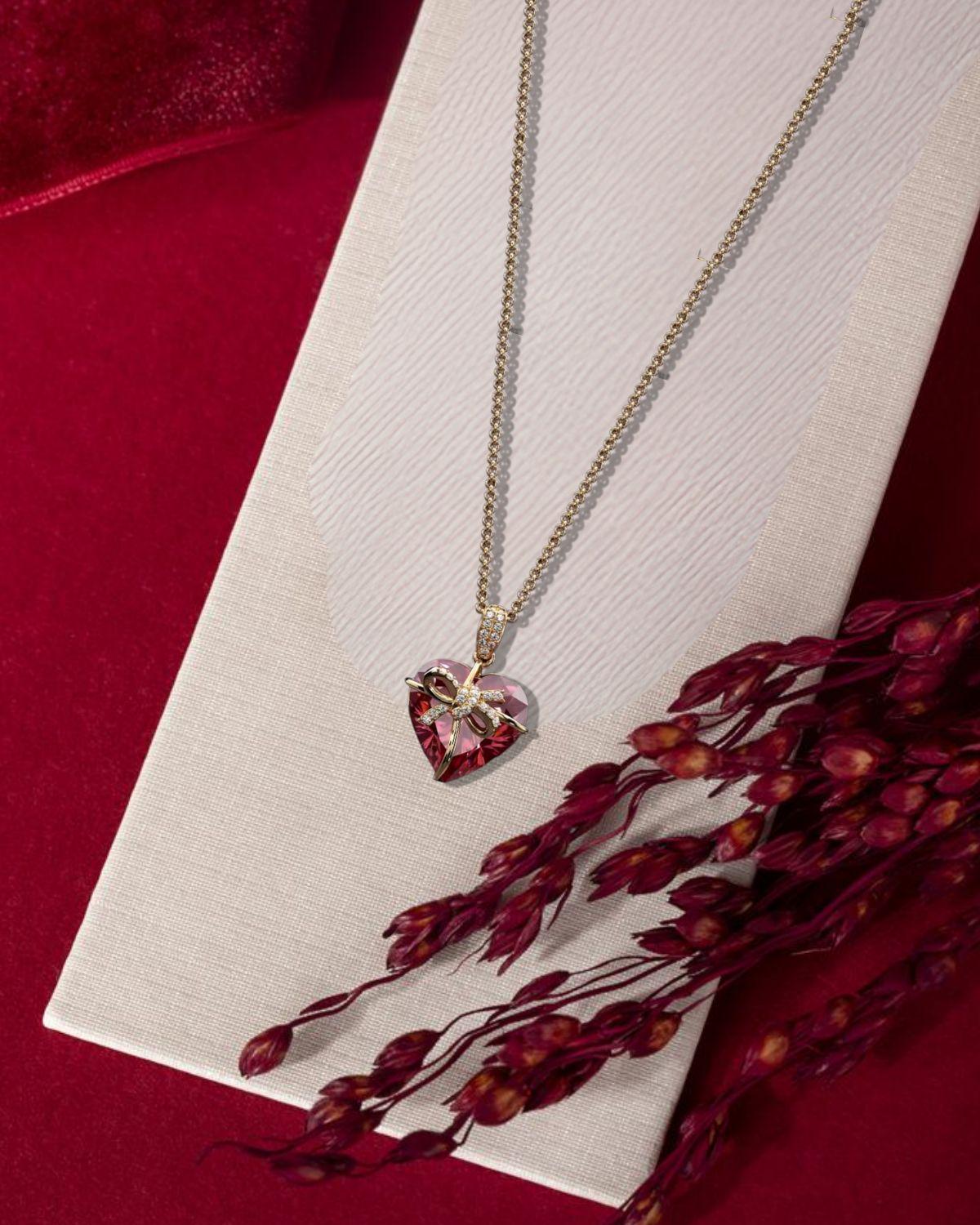 14K Gold Heart Ruby Charm Necklace Heart Shaped With Lab Grown Diamond, July Birthstone Pendant