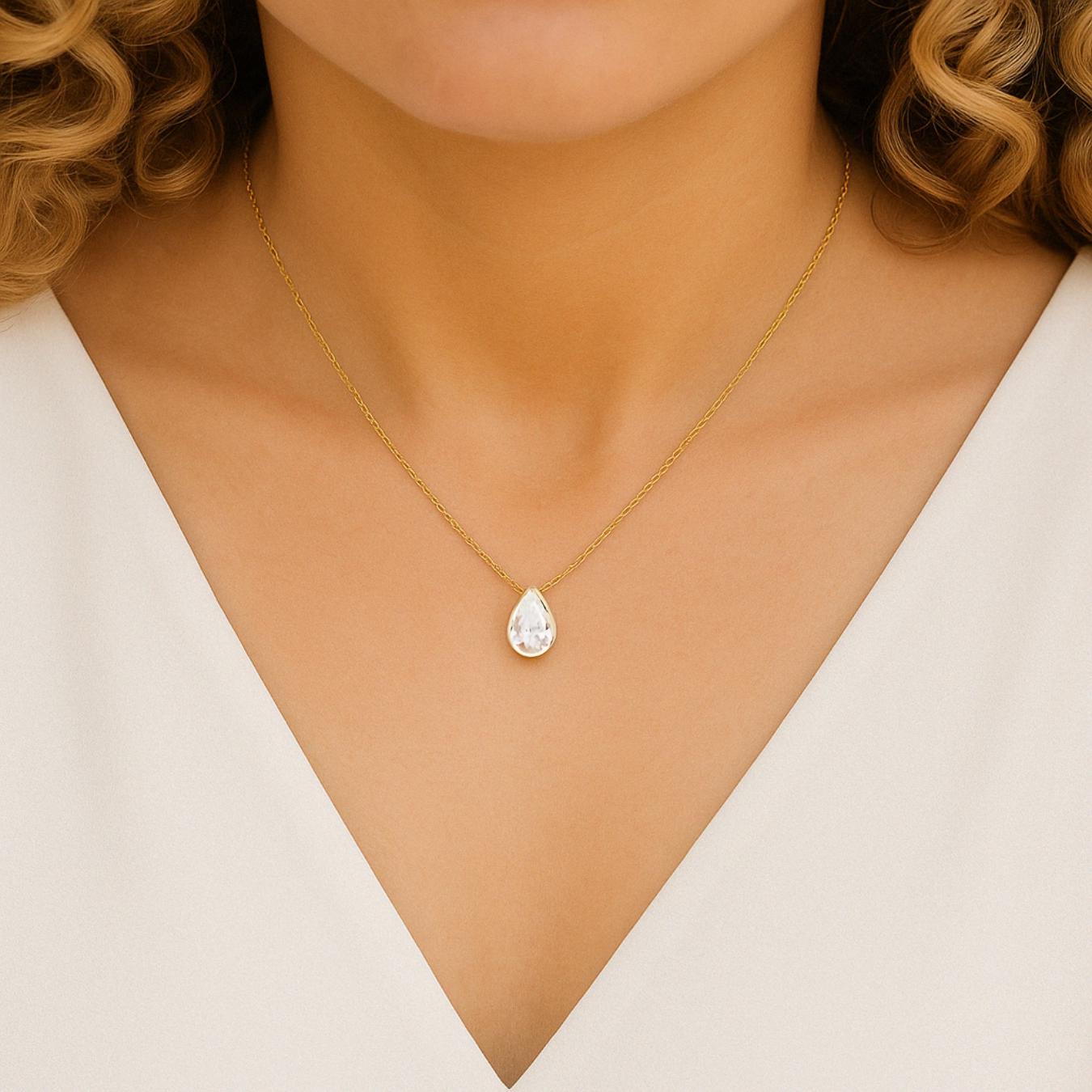 1CT Pear Shape Bezel Set Lab Grown Diamond Necklace | 14K Gold Eco-Friendly Diamond Pendant