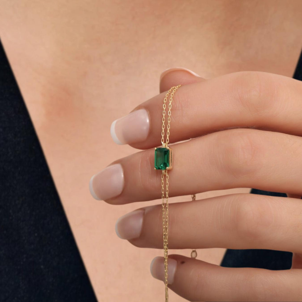 Dainty Gold Baguette Emerald Bracelet | May Birthstone | Perfect Gift for Mother's Day - Wife