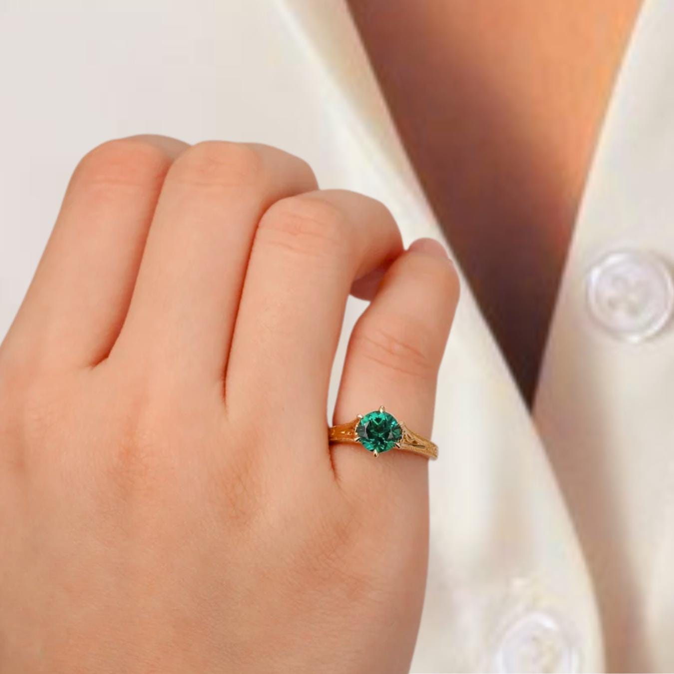 14K Solid Gold Green Gemstone Engagement Ring | Antique Filigree Emerald Ring