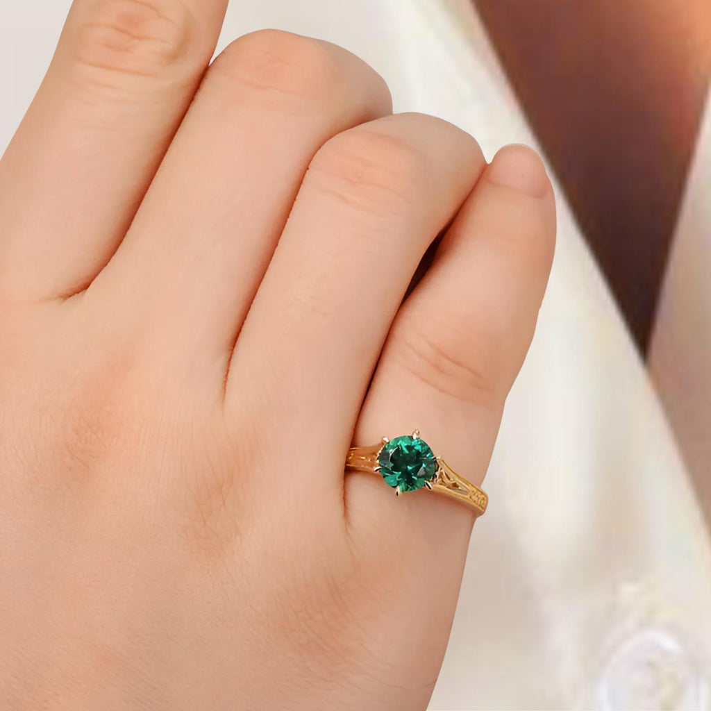 14K Solid Gold Green Gemstone Engagement Ring | Antique Filigree Emerald Ring