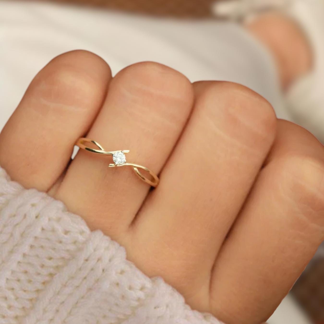 14K Yellow Gold Celtic Style Solitaire Lab Diamond Engagement Ring | Dainty Minimalist Ring