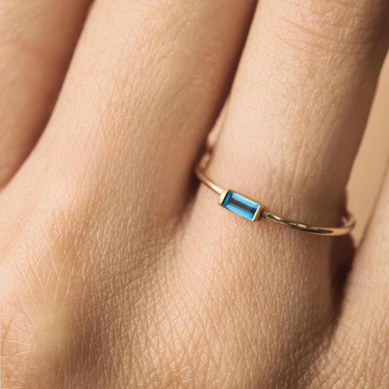 London Blue Topaz ring Unique Yellow Gold Engagement Ring, Baguette cut Blue topaz ring