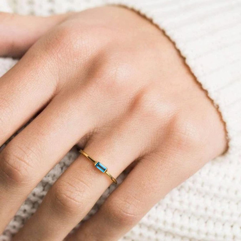 London Blue Topaz ring Unique Yellow Gold Engagement Ring, Baguette cut Blue topaz ring