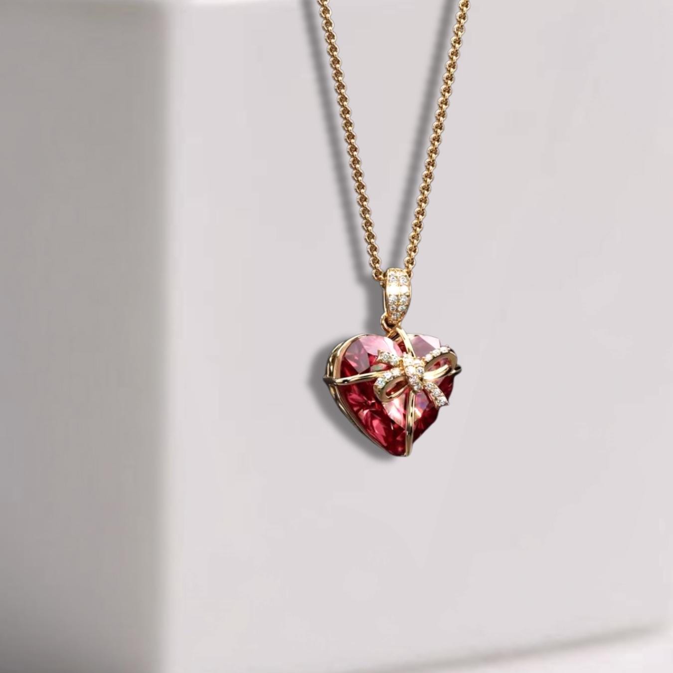 14K Gold Heart Ruby Charm Necklace Heart Shaped With Lab Grown Diamond, July Birthstone Pendant