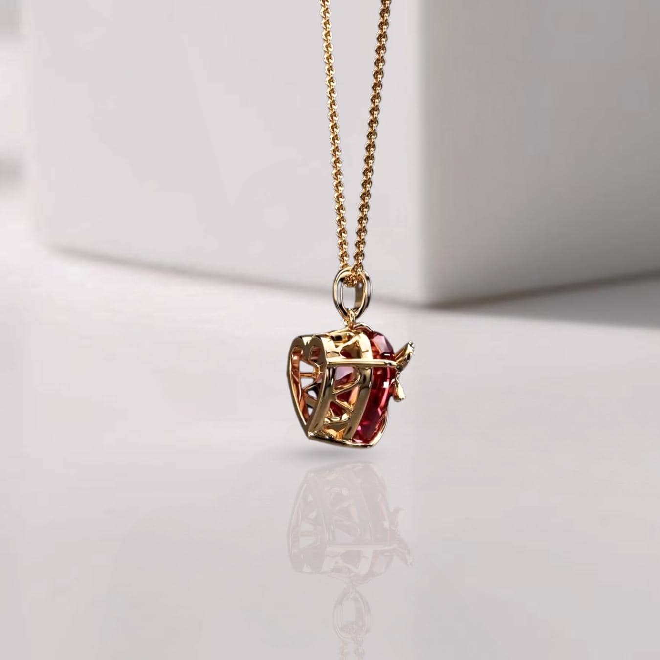 14K Gold Heart Ruby Charm Necklace Heart Shaped With Lab Grown Diamond, July Birthstone Pendant