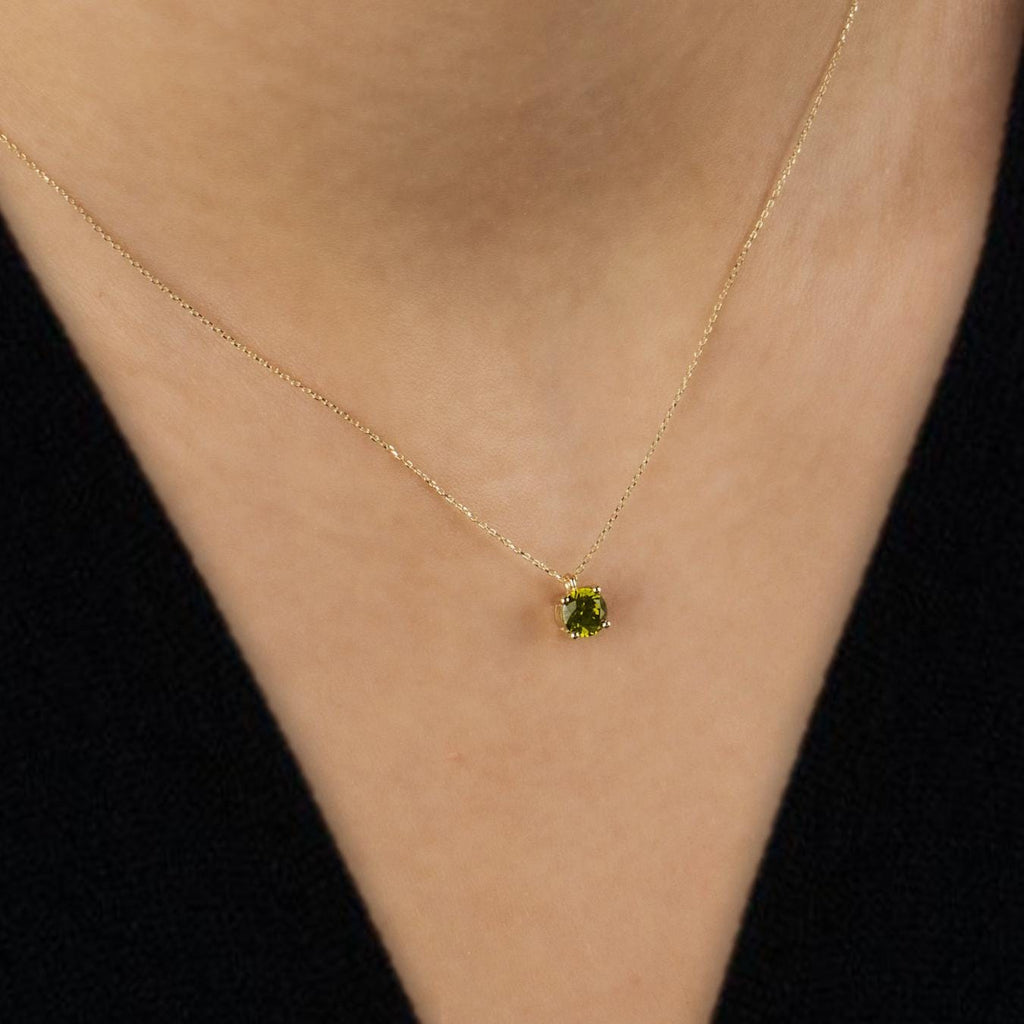 Round Peridot 14K Solid Gold Necklace, August Birthstone Pendant, Minimalist Jewelry