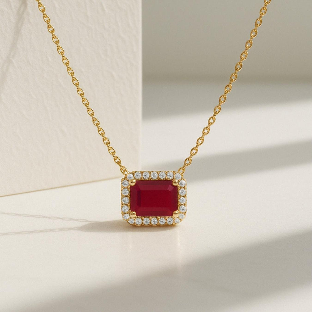 14K Gold Diamond and Ruby Necklace | Emerald Cut Ruby and Lab Grown Diamonds