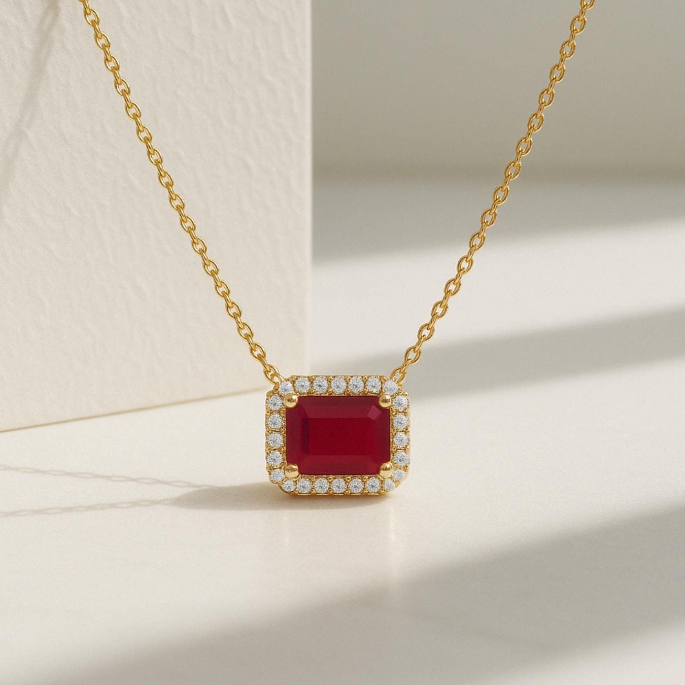 14K Gold Diamond and Ruby Necklace | Emerald Cut Ruby and Lab Grown Diamonds