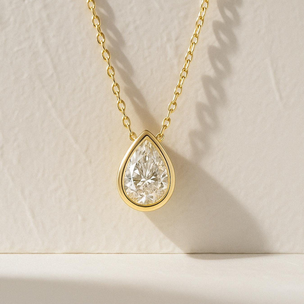 1CT Pear Shape Bezel Set Lab Grown Diamond Necklace | 14K Gold Eco-Friendly Diamond Pendant