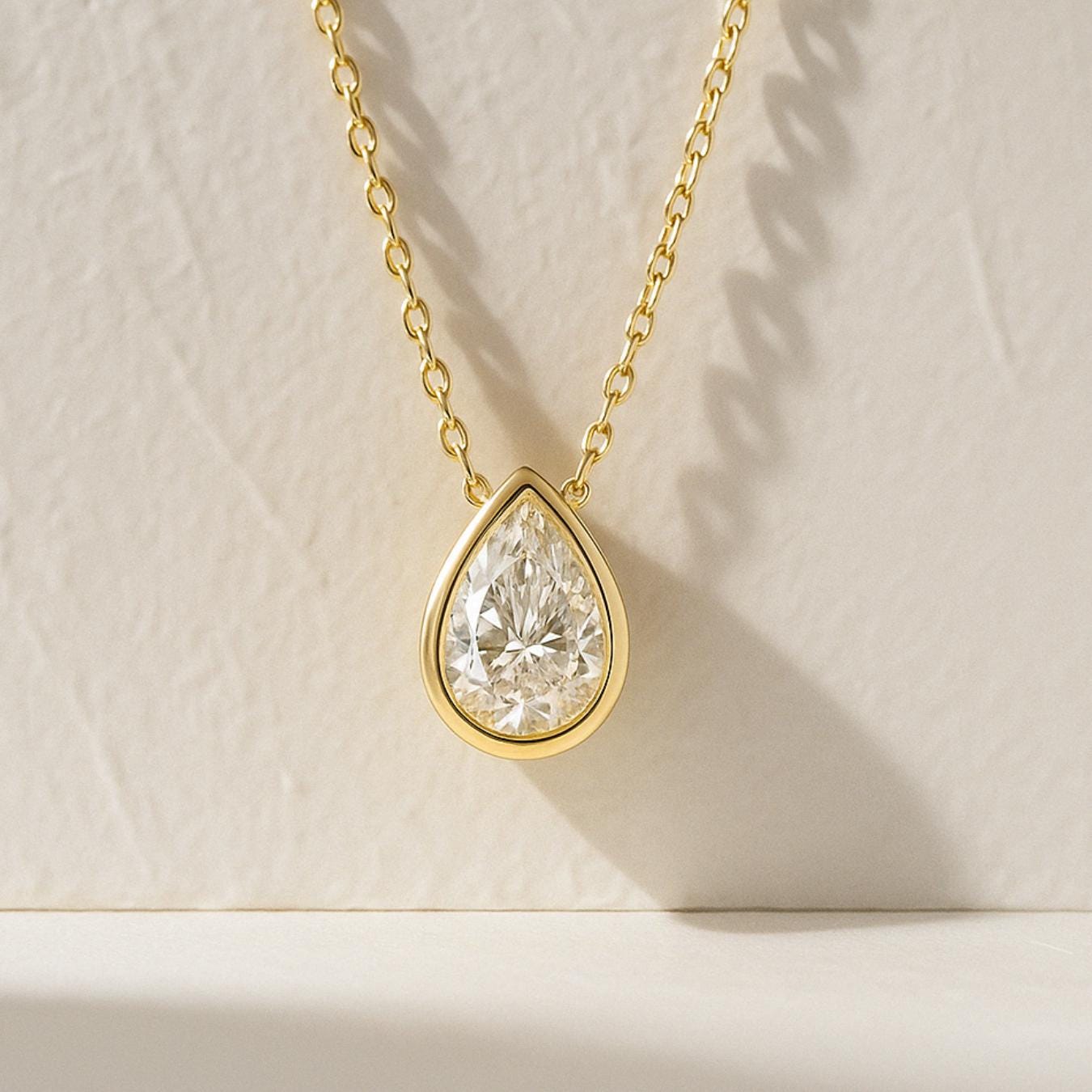 1CT Pear Shape Bezel Set Lab Grown Diamond Necklace | 14K Gold Eco-Friendly Diamond Pendant
