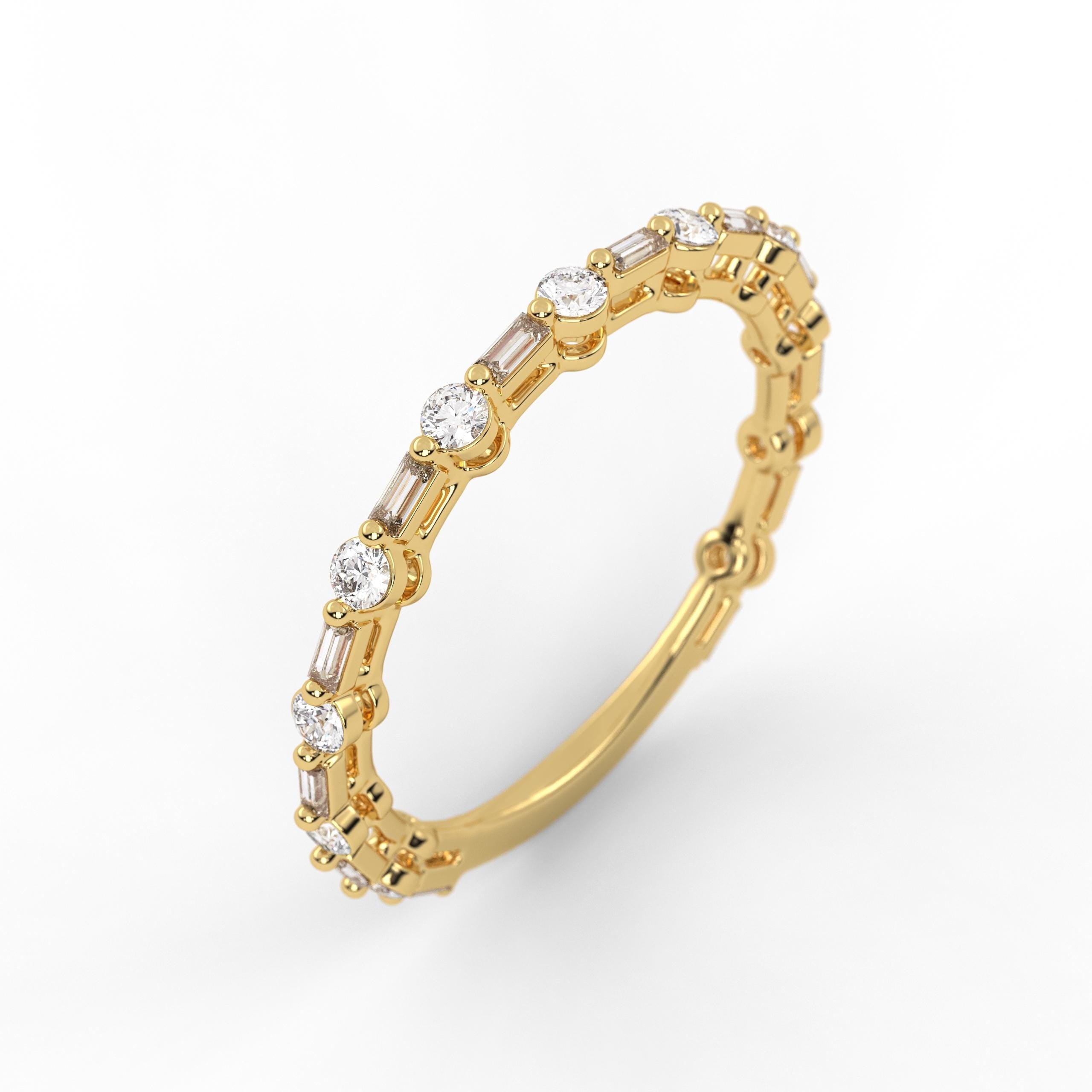 14k Baguette and Round Diamond Half Eternity Wedding Band