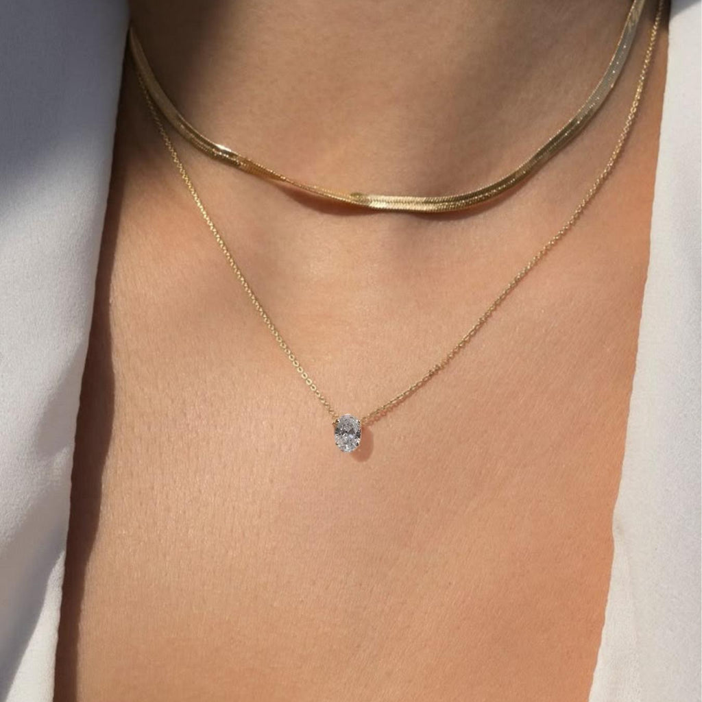14K Gold 1.50 Ct Diamond Necklace, Lab Grown Diamond Oval Pendant