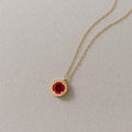14K Solid Gold Ruby Necklace, Halo Lab Grown Diamond Pendant, Ruby Round Necklace
