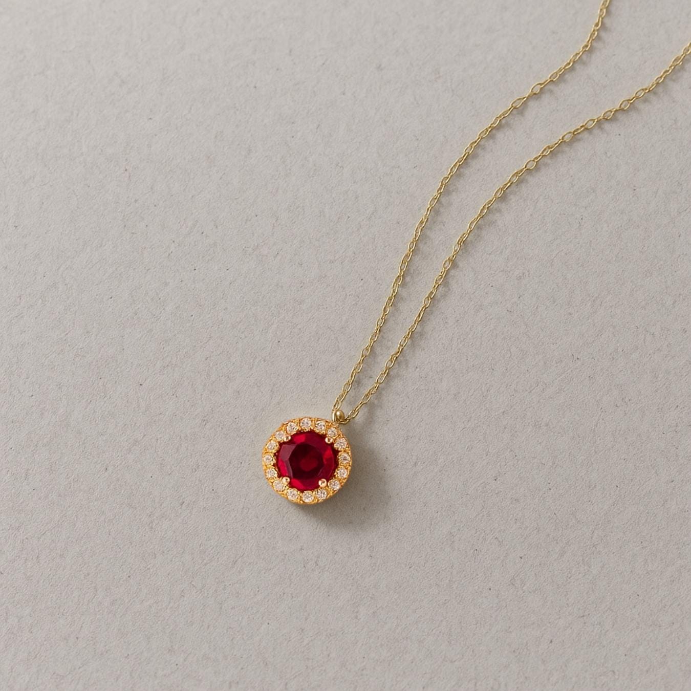14K Solid Gold Ruby Necklace, Halo Lab Grown Diamond Pendant, Ruby Round Necklace