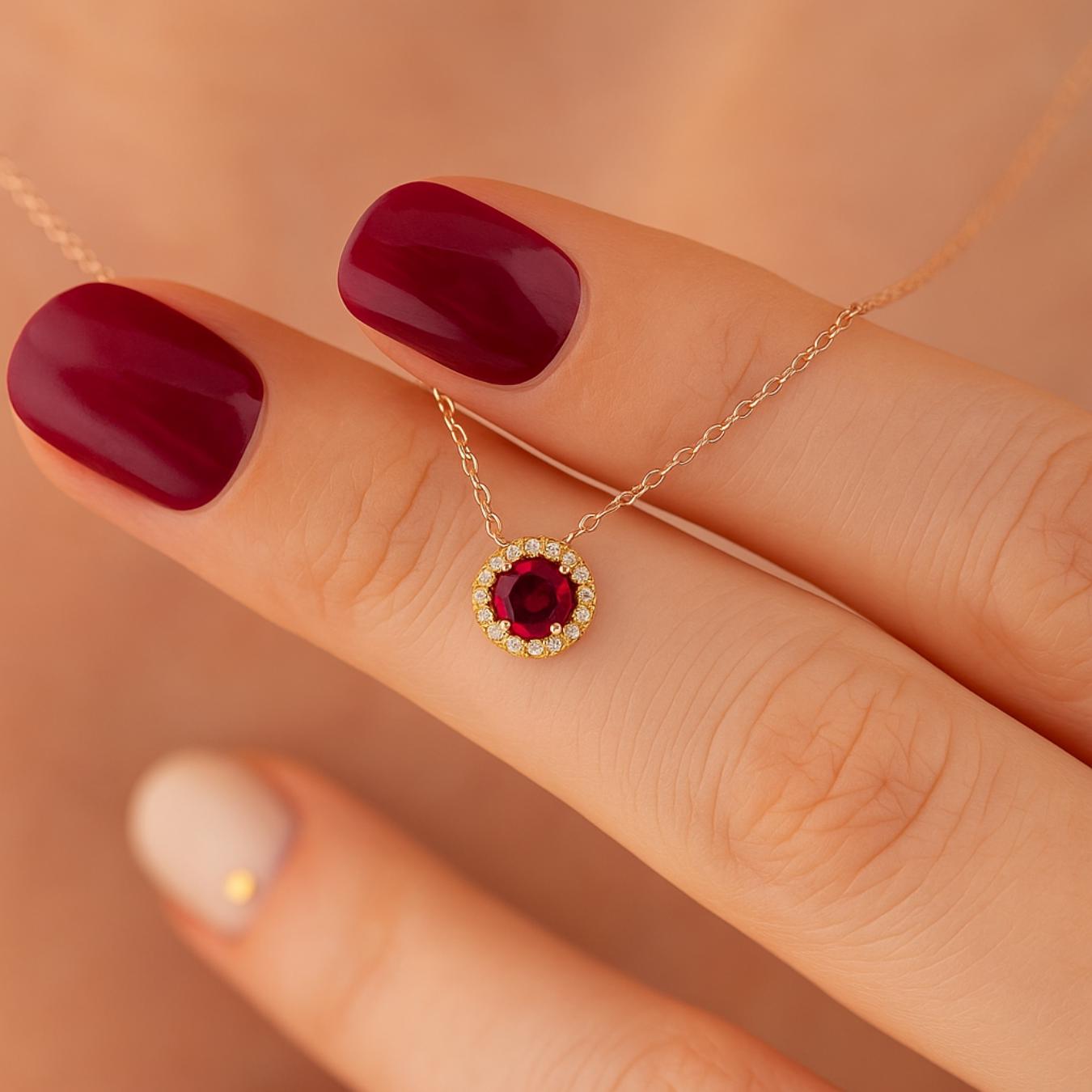 14K Solid Gold Ruby Necklace, Halo Lab Grown Diamond Pendant, Ruby Round Necklace