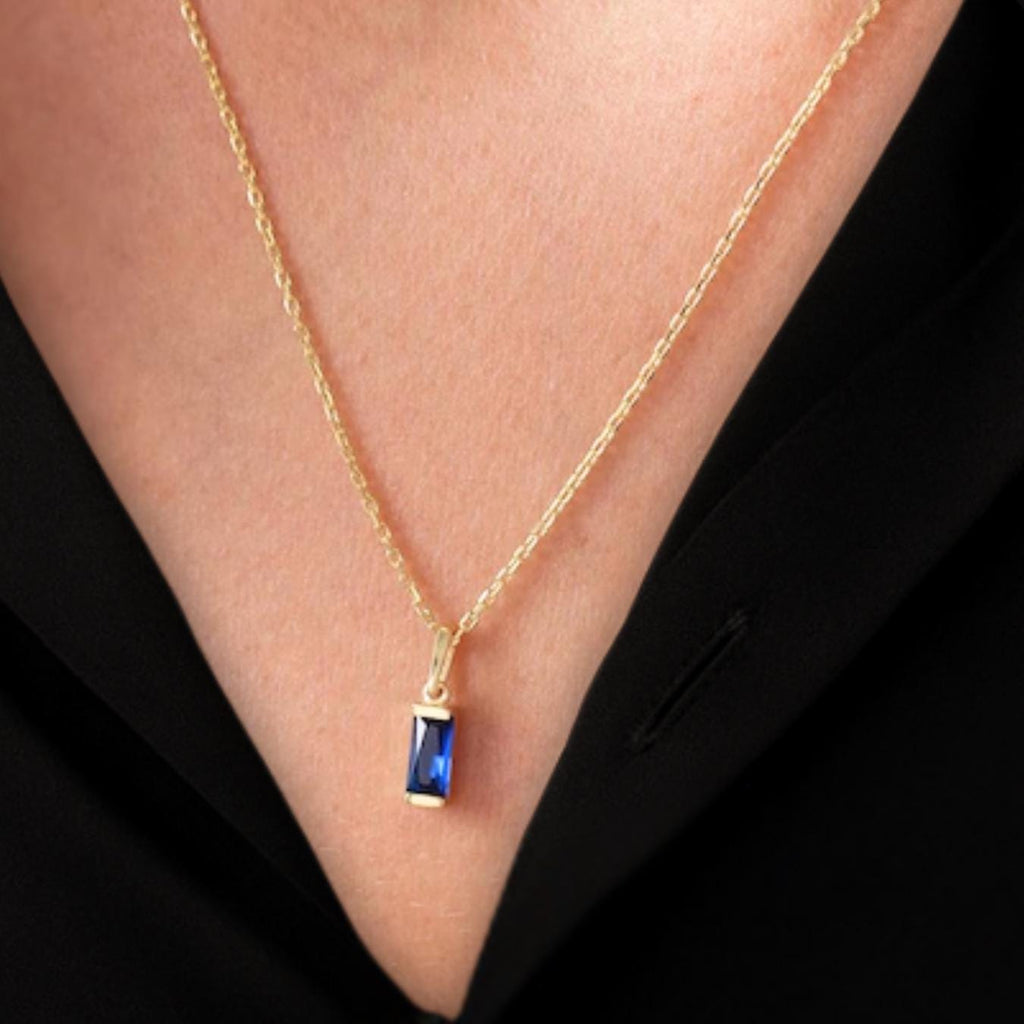 14K Blue Sapphire Pendant, Dainty Baguette Birthstone Necklace, September Birthstone