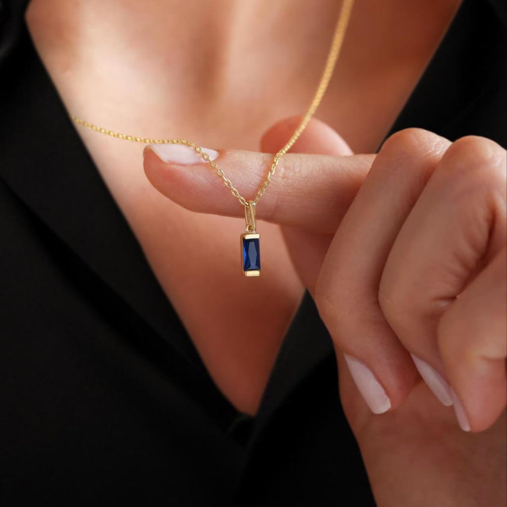 14K Blue Sapphire Pendant, Dainty Baguette Birthstone Necklace, September Birthstone