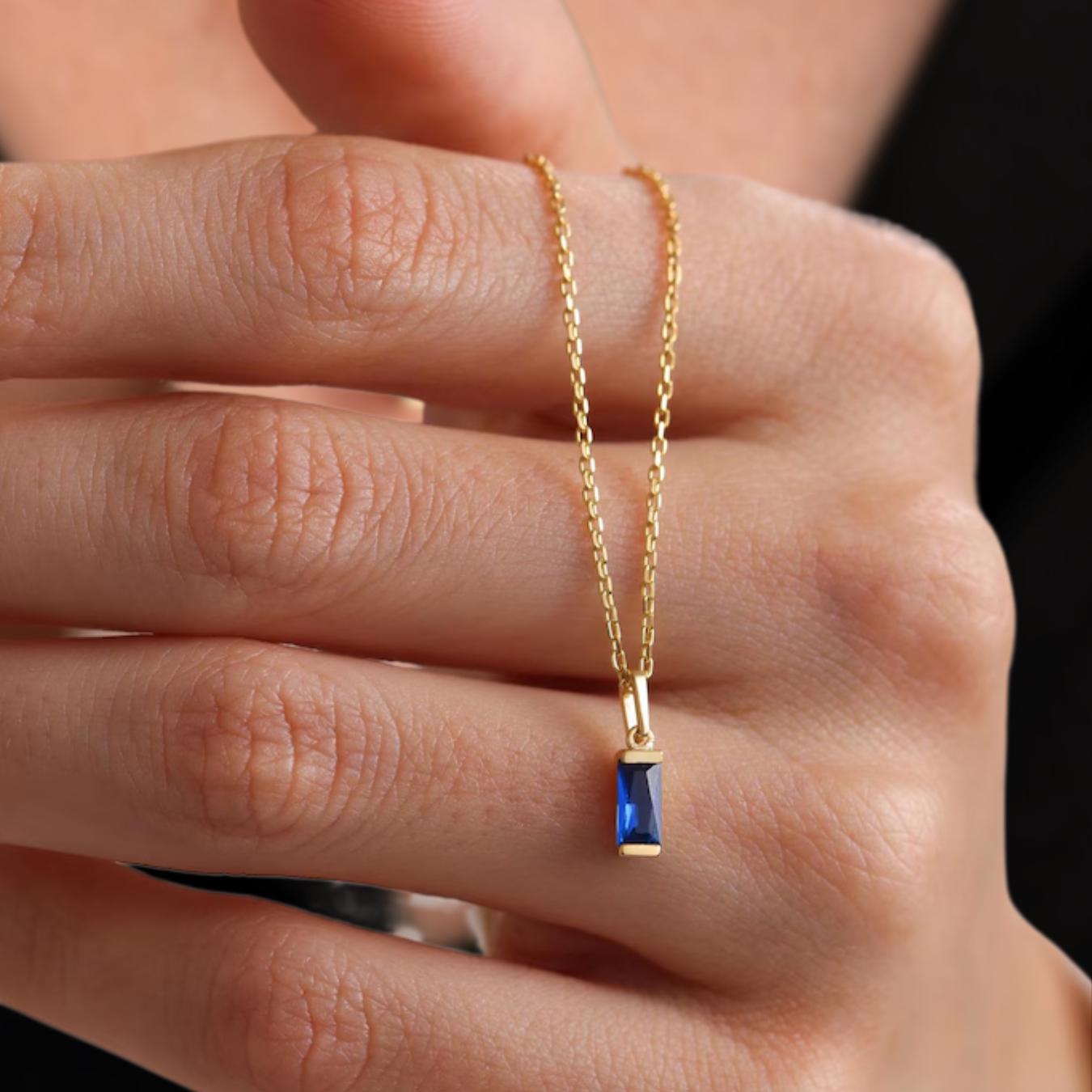 14K Blue Sapphire Pendant, Dainty Baguette Birthstone Necklace, September Birthstone