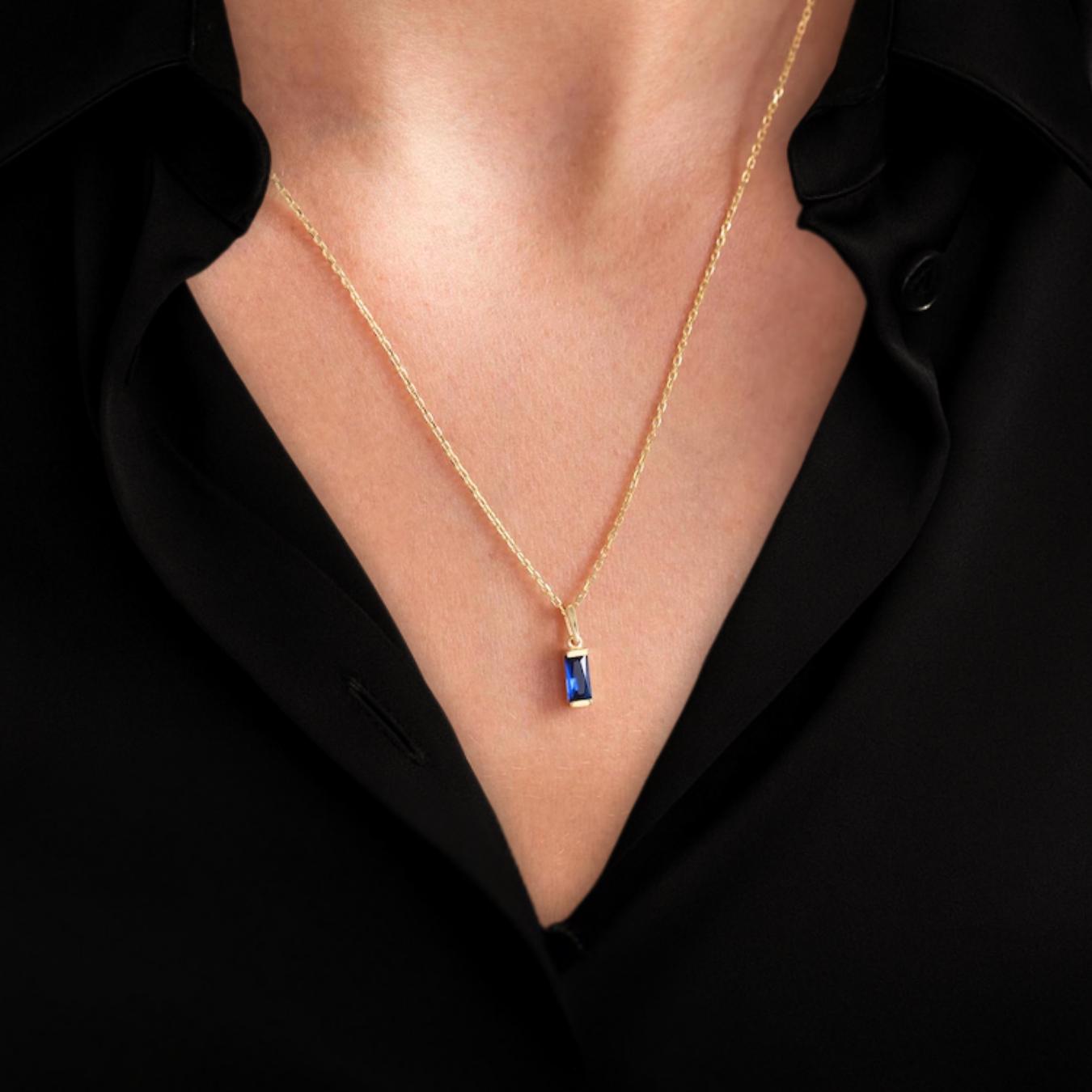 14K Blue Sapphire Pendant, Dainty Baguette Birthstone Necklace, September Birthstone
