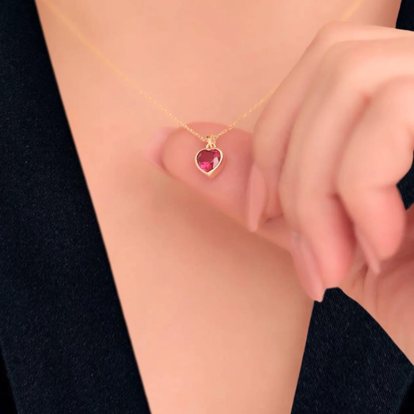 Ruby Heart Pendant with 14K Solid Gold | Bezel Necklace | Valentine’s Day Gift