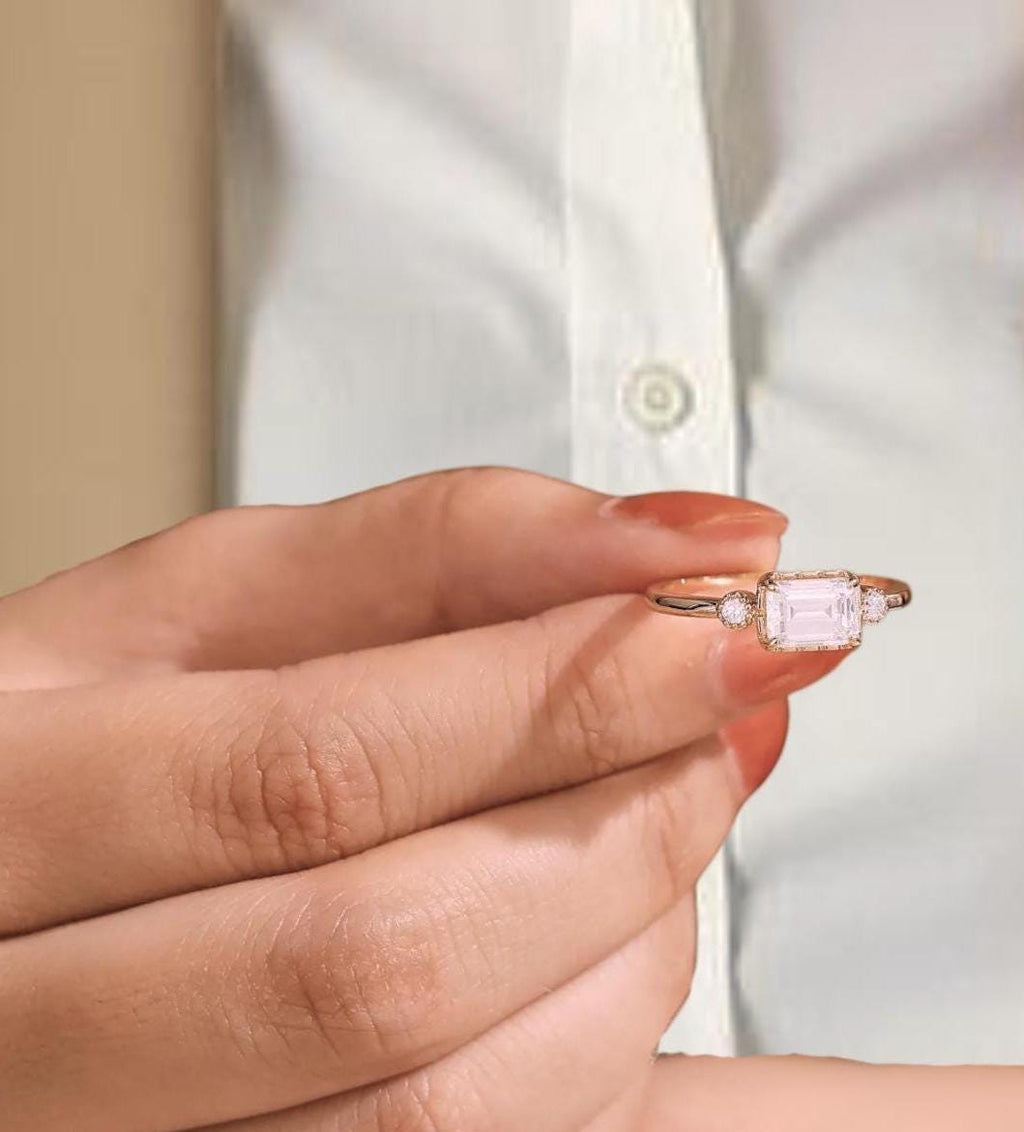 Emerald Cut Lab Diamond Vintage Ring, 14K Gold East To West Anniversary & Engagement Ring