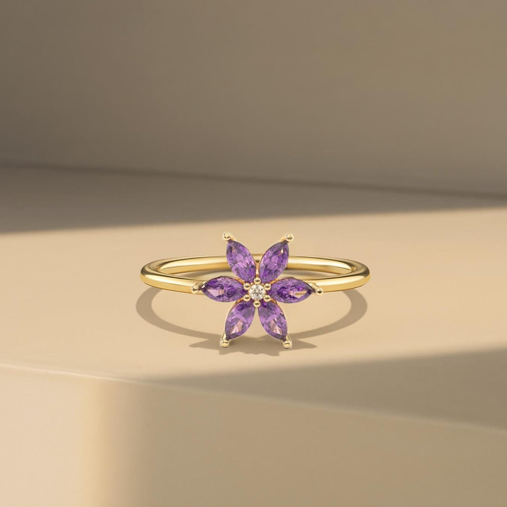 14K Gold Amethyst Flower Ring | February Birthstone Ring | Birthday Gift | Valentine's Day