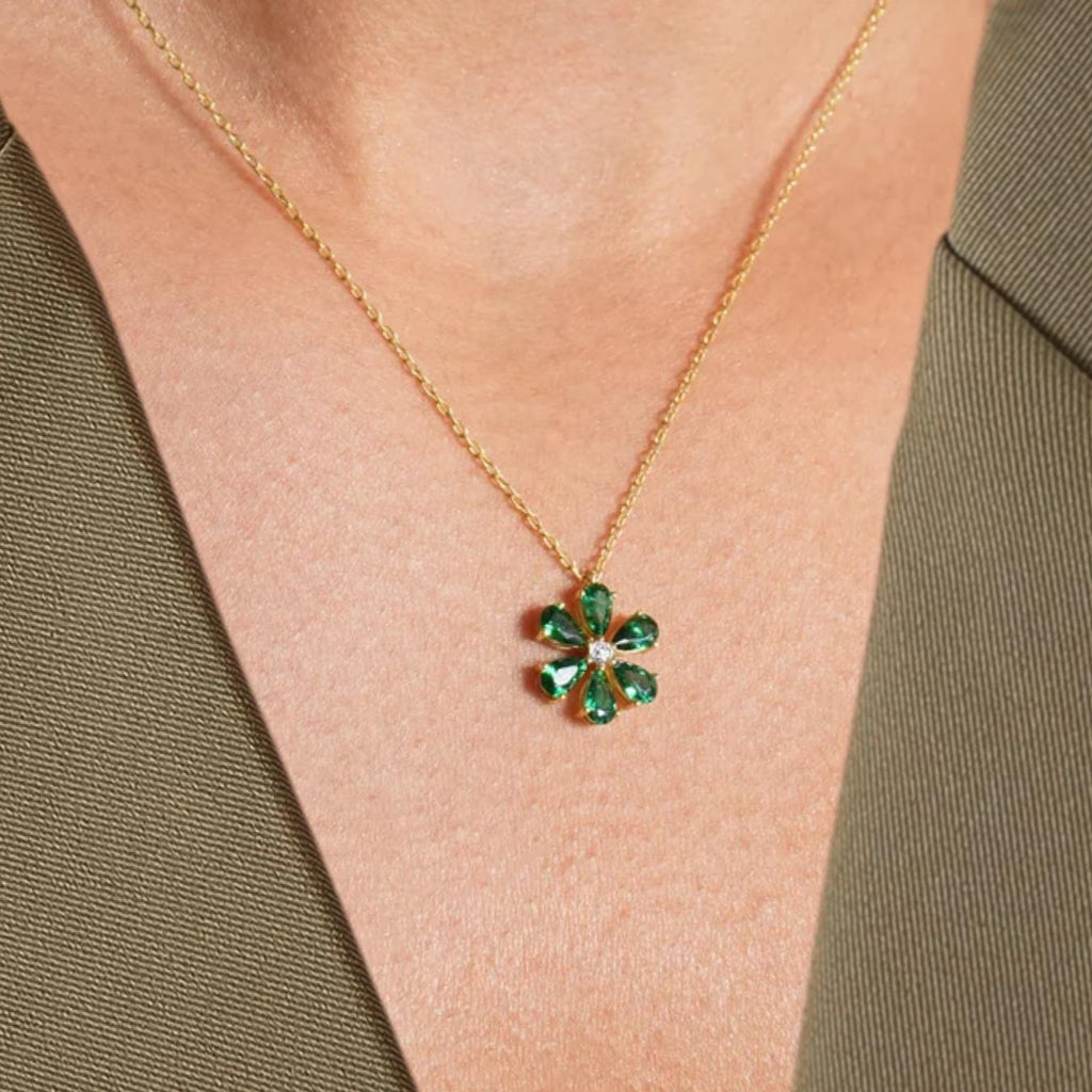 Flower Emerald Necklace with Diamond in 14K Solid Gold