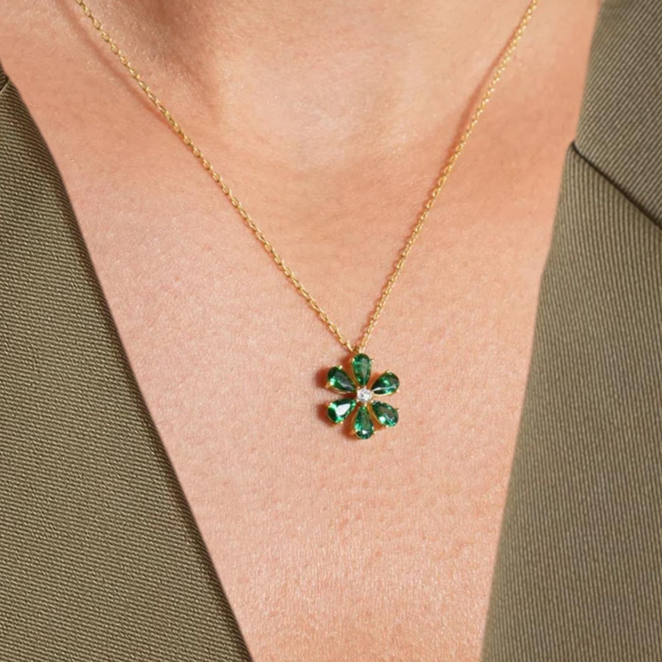 Flower Emerald Necklace with Diamond in 14K Solid Gold