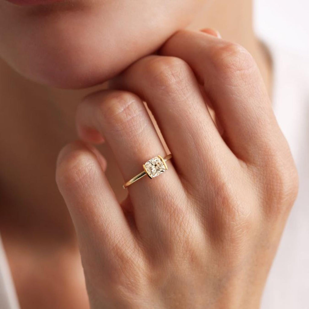 1 Carat Cushion Cut Lab Grown Diamond Ring, 14K Gold Solitaire Engagement Ring