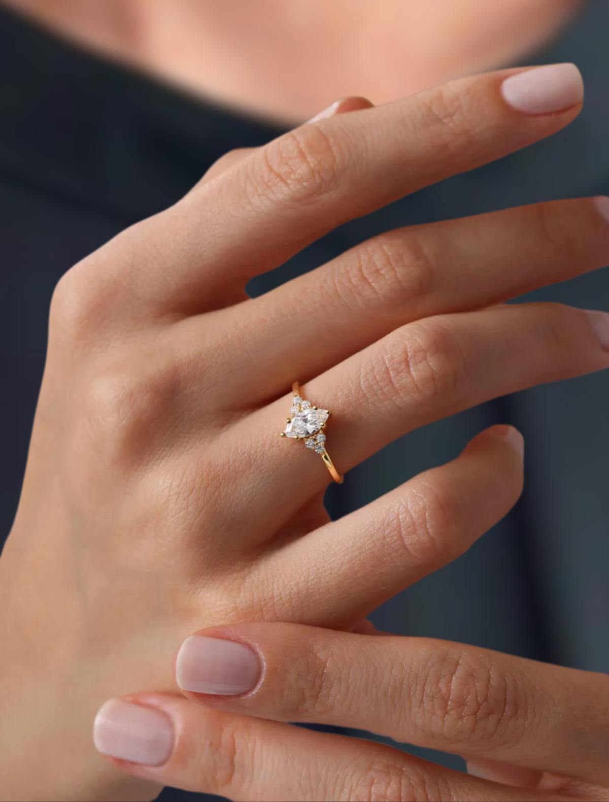 14k Marquise Lab Grown Engagement Ring Solid Gold, Vintage Style Solitaire Ring