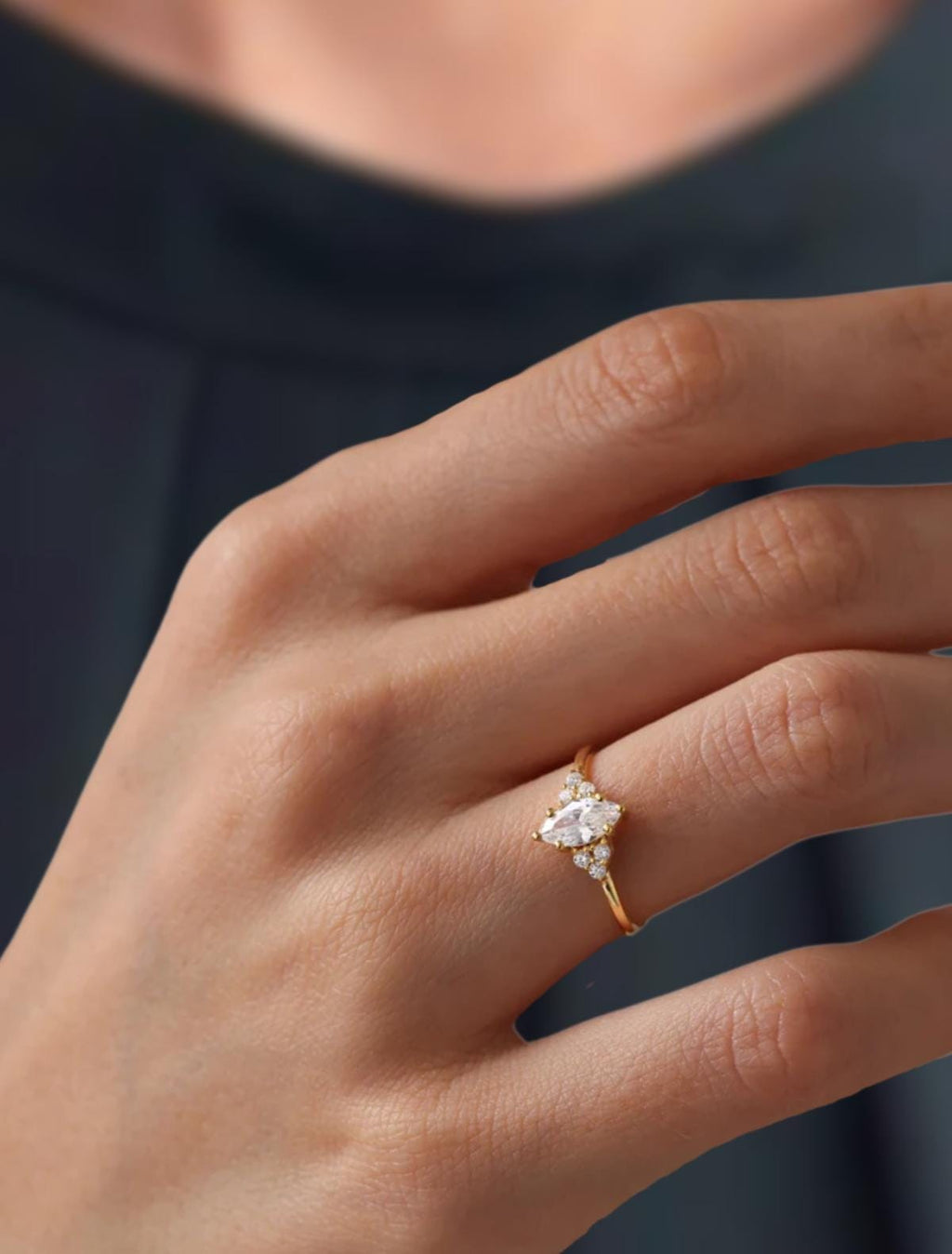 14k Marquise Lab Grown Engagement Ring Solid Gold, Vintage Style Solitaire Ring