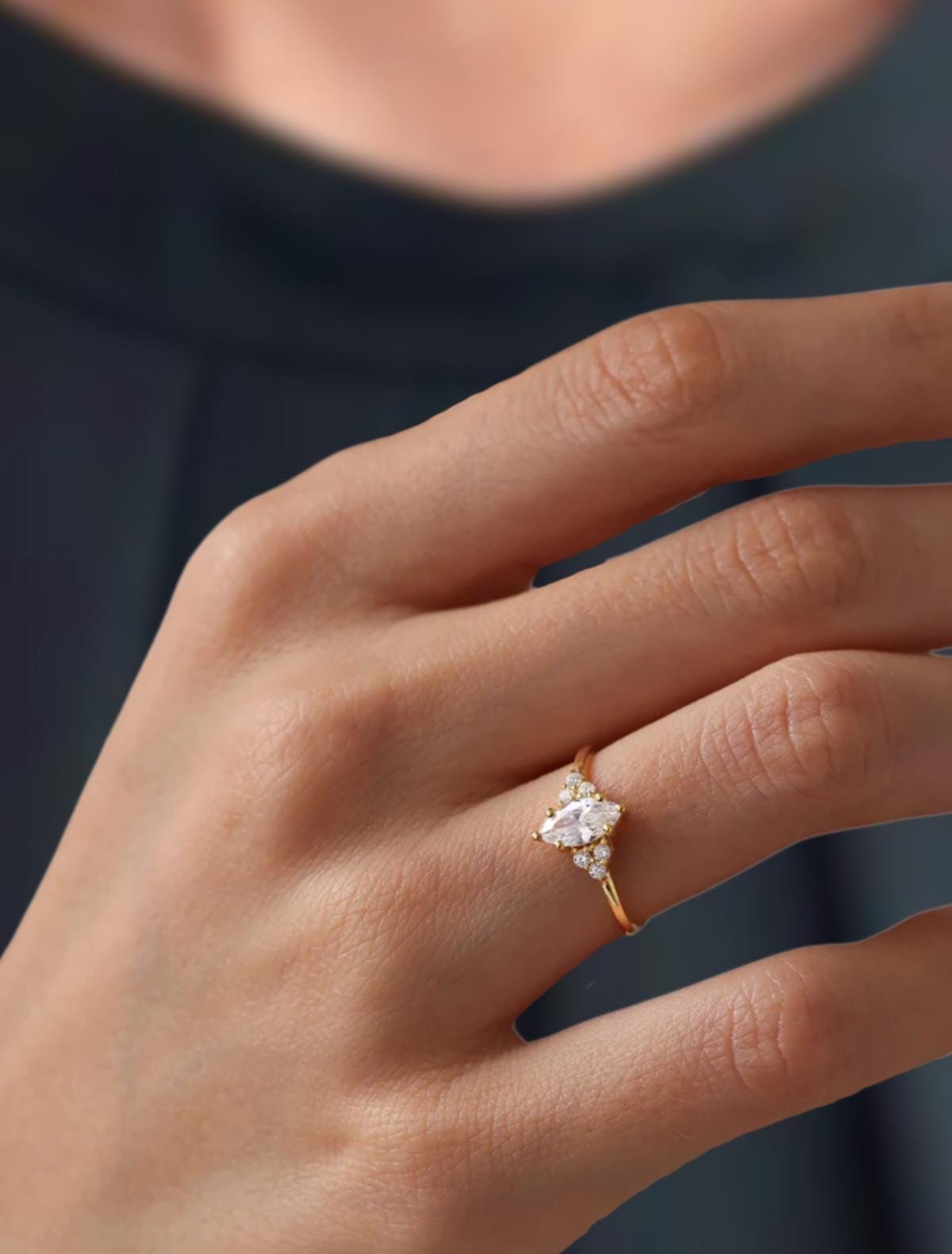 14k Marquise Lab Grown Engagement Ring Solid Gold, Vintage Style Solitaire Ring